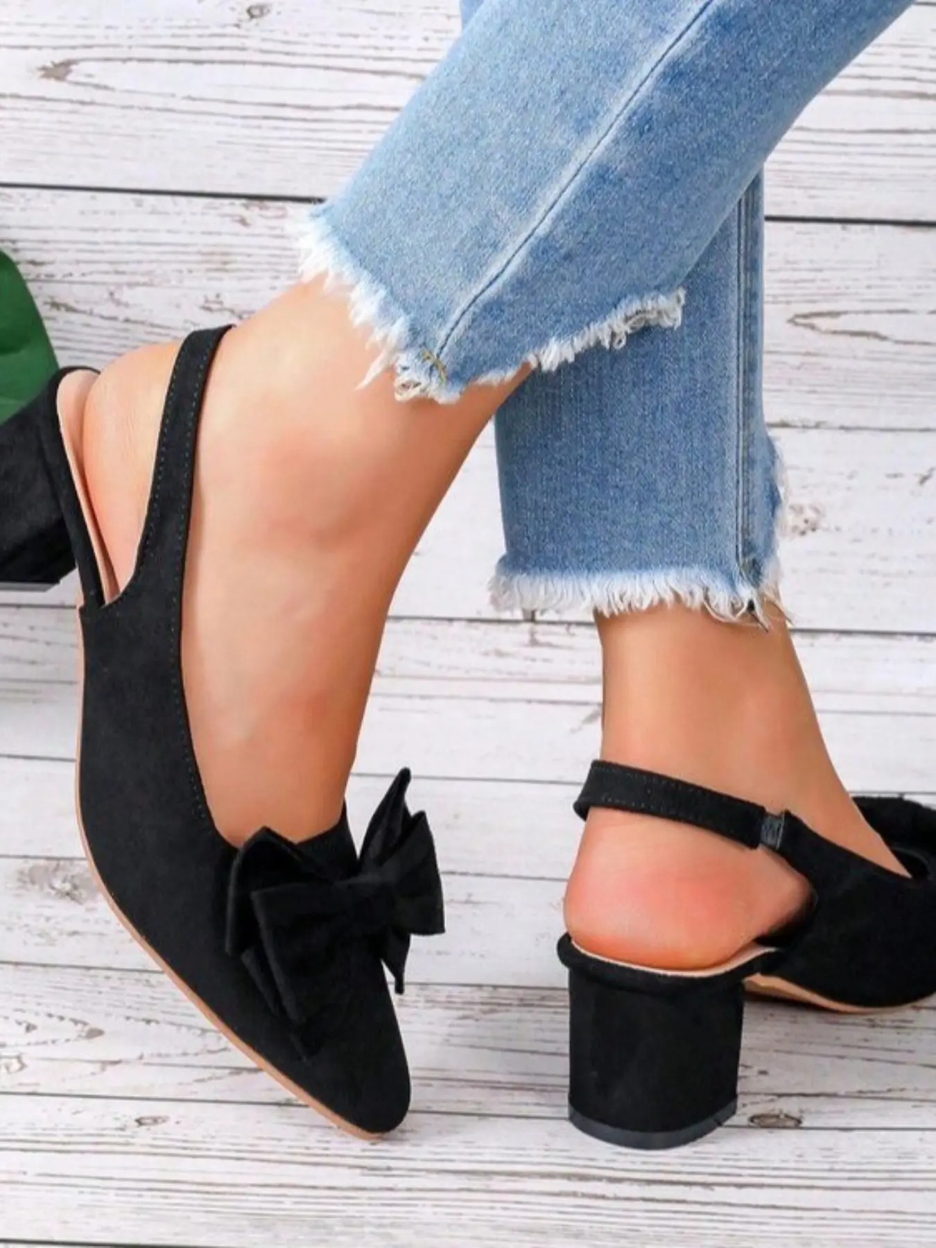 Women's Bowknot Back Tie High Heel Sandals, Velvety Pointed Toe Chunky Sole Summer Shoes, Fashionable Ladies Footwear