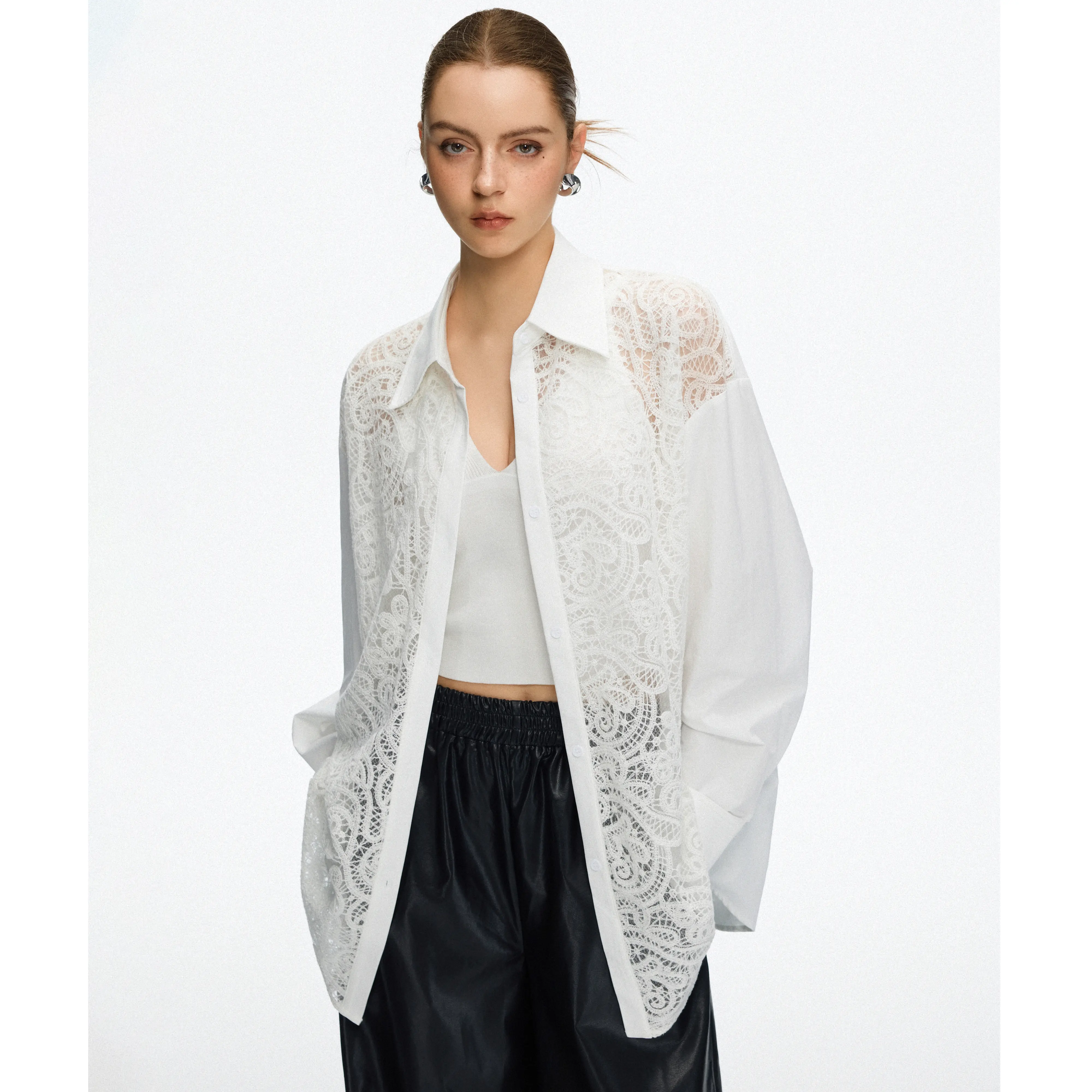JCCC SHADOW Women's Elegant Floral Lace Crop Top, Chic Long Sleeve Button-Up Blouse for Concerts, Festivals, and Layering, Piece, Longsleeves