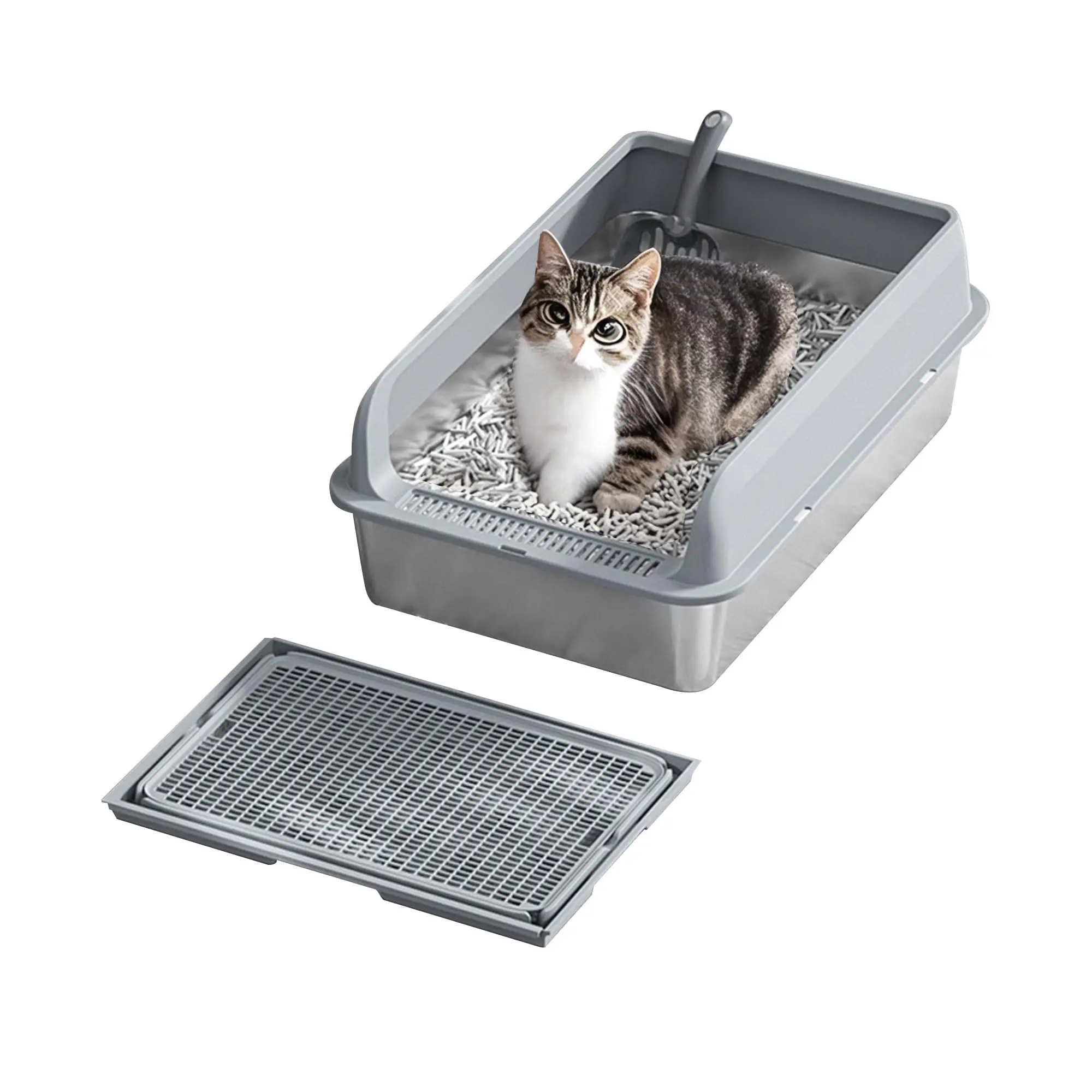 Garvee Large Stainless Steel Cat Litter Box with Lid, Featuring a 6'' Deep Non-Sticky Metal Design, Includes Sifter Scoop and Double Layer Litter Mat for Easy Cleaning and Enhanced Hygiene