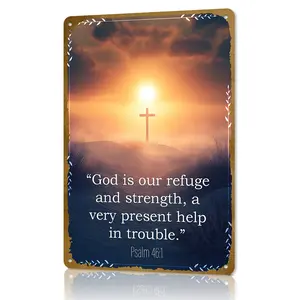 Psalm 46:1 Metal Sign, God Is Our Refuge and Strength Christian Wall Art, Sunset Cross Religious Decor, Inspirational Bible Verse Tin Plaque for Home Bedroom