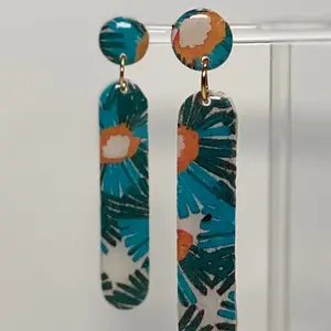 Fall Inspired marigold / teal / dark green polymer clay dangle earrings