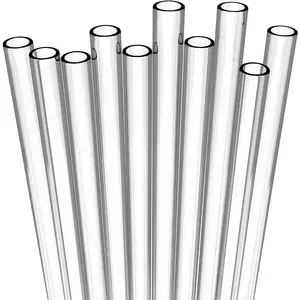 10 Long Clear Straws-Hard Clear Plastic Reusable Drinking Straws + Sturdy Cleaning Brush - for Tumblers For Mason Jars For Milkshakes For Smoothies - Dishwasher Safe BPA Free