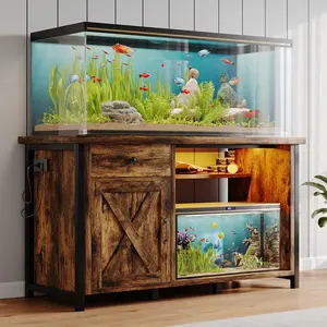 HOMBCK 75 Gallon Fish Tank Stand with LED Light & Power Outlets, 55-75 Gallon Aquarium Stand with 2 Drawers & 2 Barn Doors, 52" L x 20" W Cabinet for 2 Fish Tank Accessories Storage, Turtle Tank, White（Does not include the fish tank）