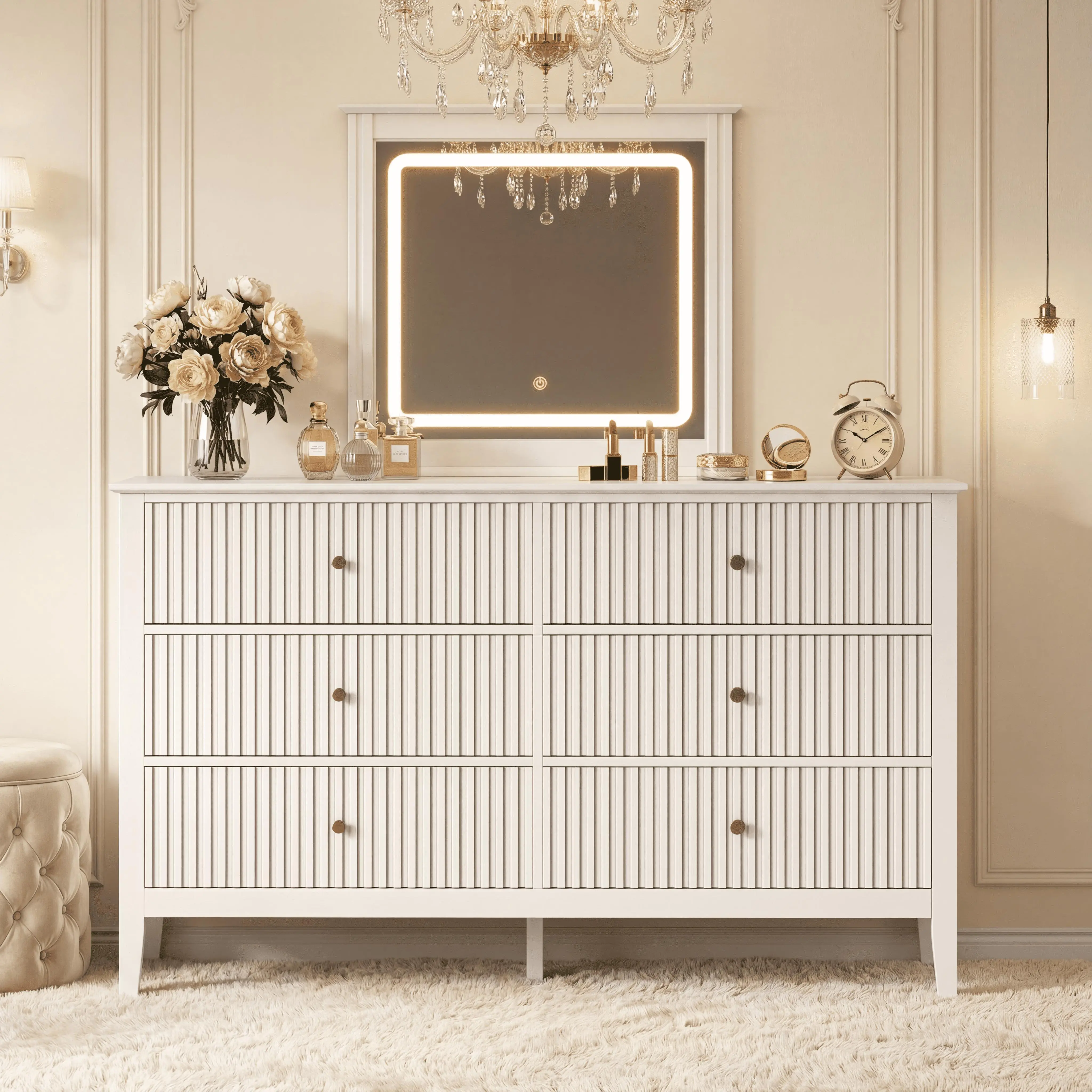 【Summervibes】RoyalCraft L Mordern 6/7/9 Drawer Dresser, Fluted Nightstand with 3 Drawers, Wood Storage Organizer, Wide Chest of Drawers for Closet, Large Storage Cabinet and TV Stand for Living Room,Bed Room,Hallway, Entryway.