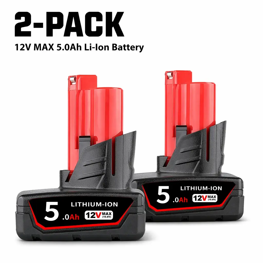 2-Pack 12V 5.0Ah (5000mAh) Lithium-Ion Replacement Batteries for Milwaukee M12 Cordless Power Tools, Rechargeable 2-Battery Set, Two Batteries