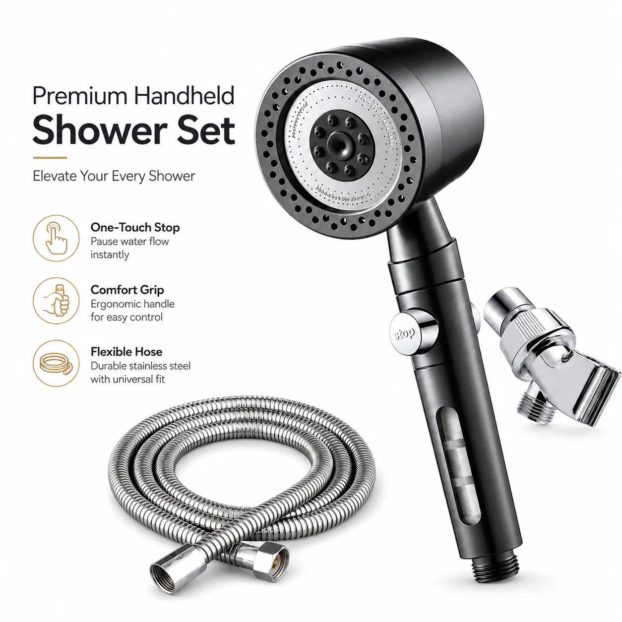 Premium Handheld Shower Set, Featuring 1-Touch Stop, Comfort Grip, and Flexible Hose for Easy Control & Durable Performance
