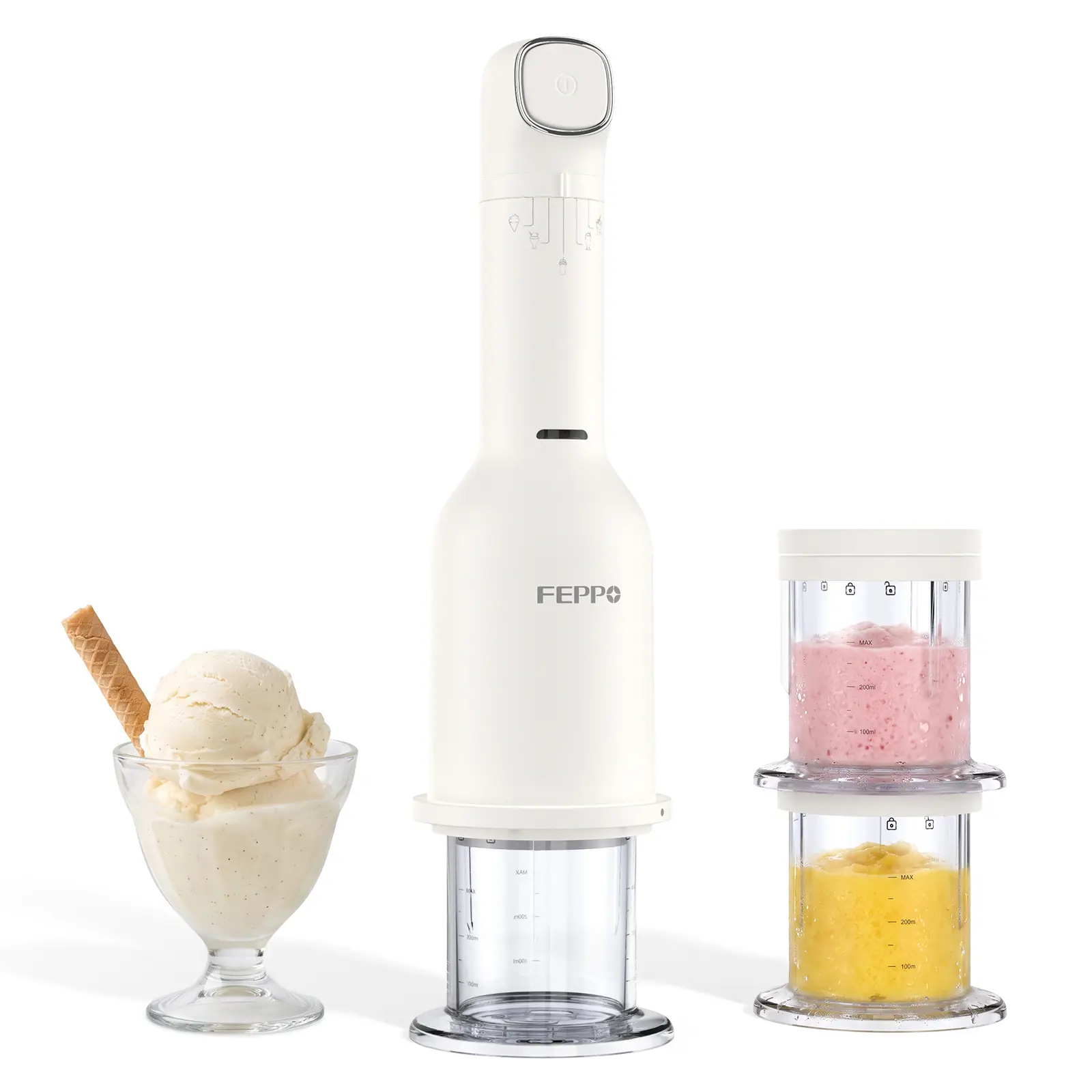 FEPPO 5-in-1 Compact Handheld Vertical Slim DIY Frozen Dessert Ice Cream Maker - Freezer Treat Tool for Family Users, Special Occasions, 3-Cup Half-Pint Dishwasher-Safe Mixing Cups, 5 Preset Programs