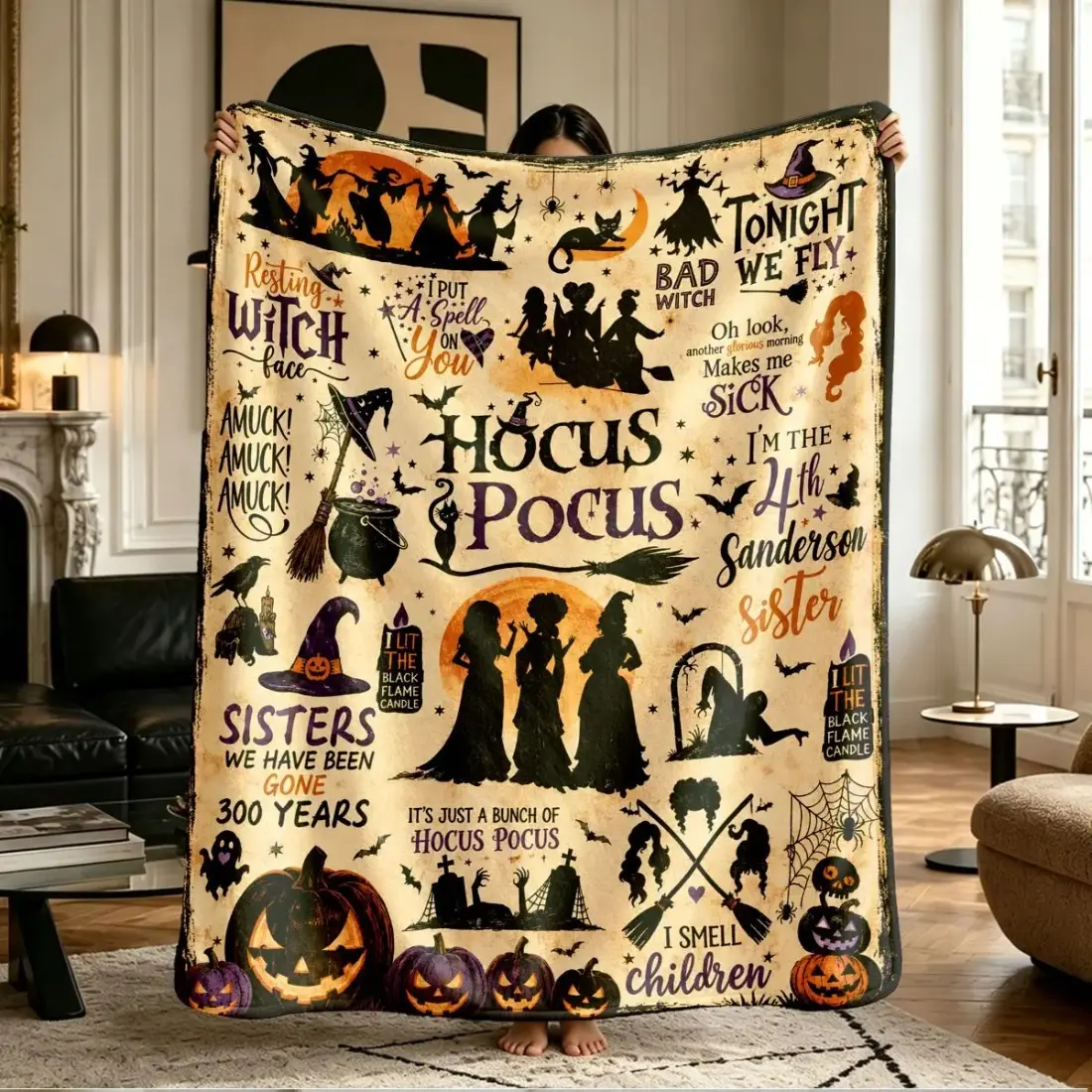 Comfortable Hocus Pocus Sanderson Witch Sisters Halloween Pumpkin Print Flannel Blanket Soft Cover For Bed Sofa Adults Witchy Aesthetic Spooky Season Movie Decor Gift Fan, Festive Look, Home & Gifts