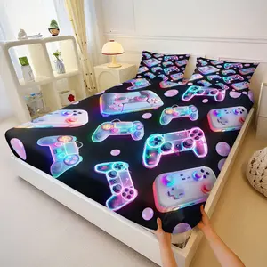 3 Pcs Colorful Game Controller Element Fitted Sheet Set, Cool Gaming Style Bed Sheet Set, Breathable Sheets Skin-Friendly Wrinkle Resistant, Full Coverage Wrap Fixed No Slip, Fits Bedroom Guest Room, All Season Comfort Decor - No Filling