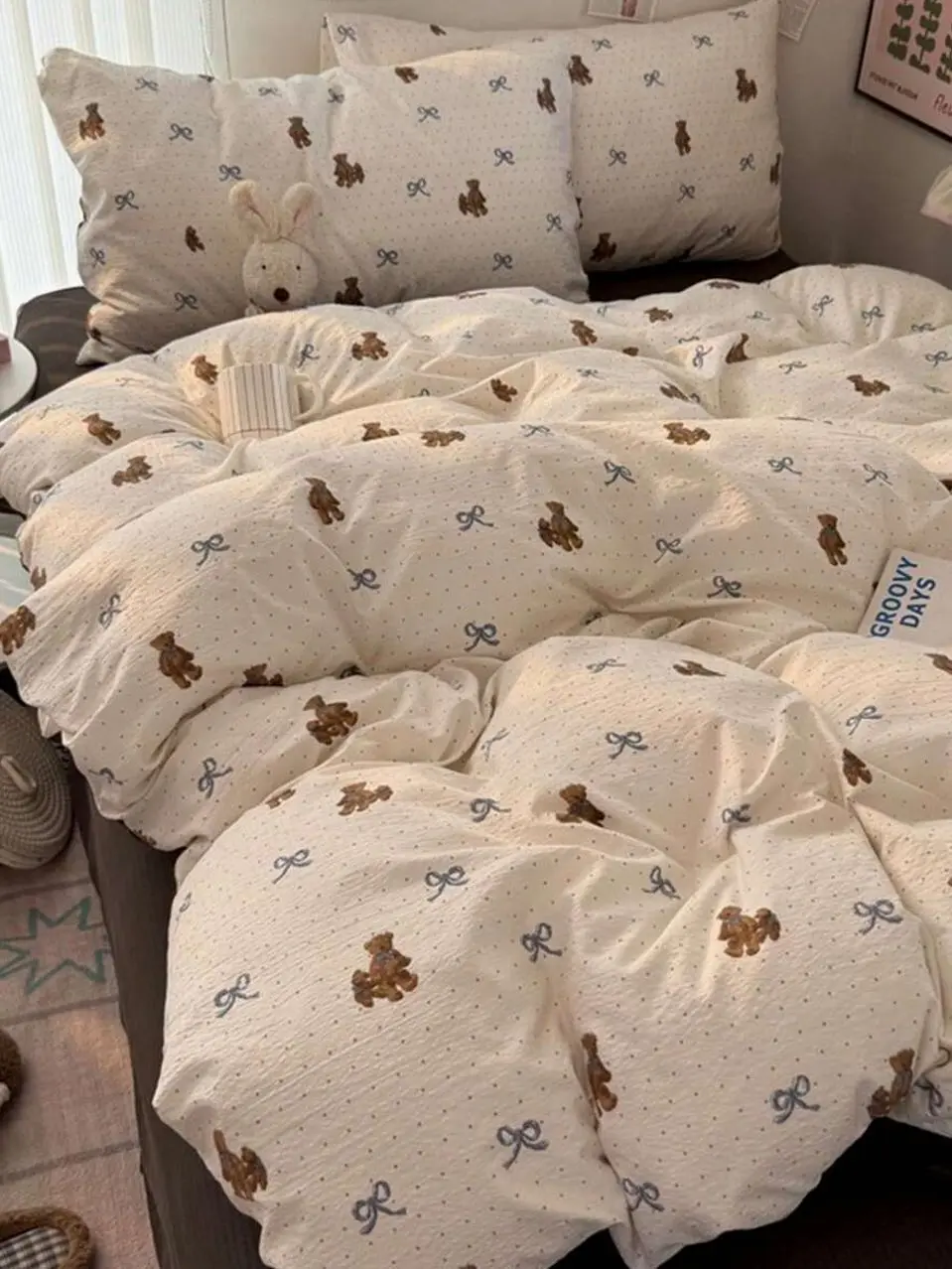 3PCS Teddy Bear Bow Duvet Cover Set, Cute Washed Gauze Bedding, Soft Quilt Cover with Pillowcases, No Insert, Kids Bedroom Decor