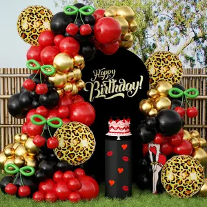 Leopard Cherry Balloon Arch Kit 182pcs Red Black Gold Retro Party Decorations