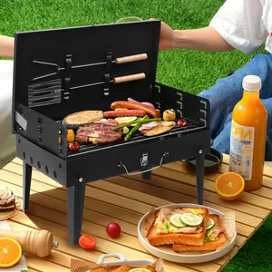 Portable Charcoal Grill, Outdoor Folding BBQ Barbecue Grill with Lid Cast Iron Cooking Accessories for Camping Picnic Backyard Use