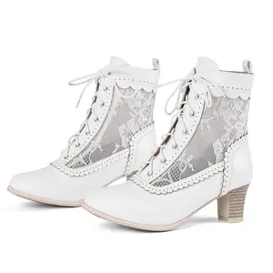 AOSPHIRAYLIAN Uniquelly Women Vintage Victorian Boots Kitten Heel Lace Up Ankle Boots 70s Witch Granny Booties Side Zipper Round Toe Victorian Shoes Black White for