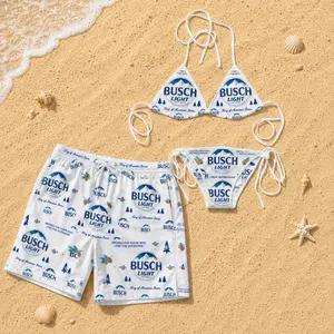 Busch Light Couple Swimwear Set, Vintage Beer Print Bikini & Hawaiian Shorts, Matching Beach Outfit, Summer Pool Party Swimwear