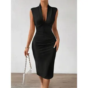 1pc elegant v-neck pleated dress for women polyester A-line solid color dress all-season knit fabric 1g/square meter lightweight-adult fashion