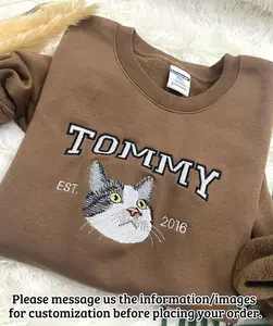 Custom Embroidered Pet From Your Photo T-Shirt, Personalized Cat Sweatshirt, Pet Name Sweatshirt, Cat Mom Gift, Cat Lover Gift, Pet Gift