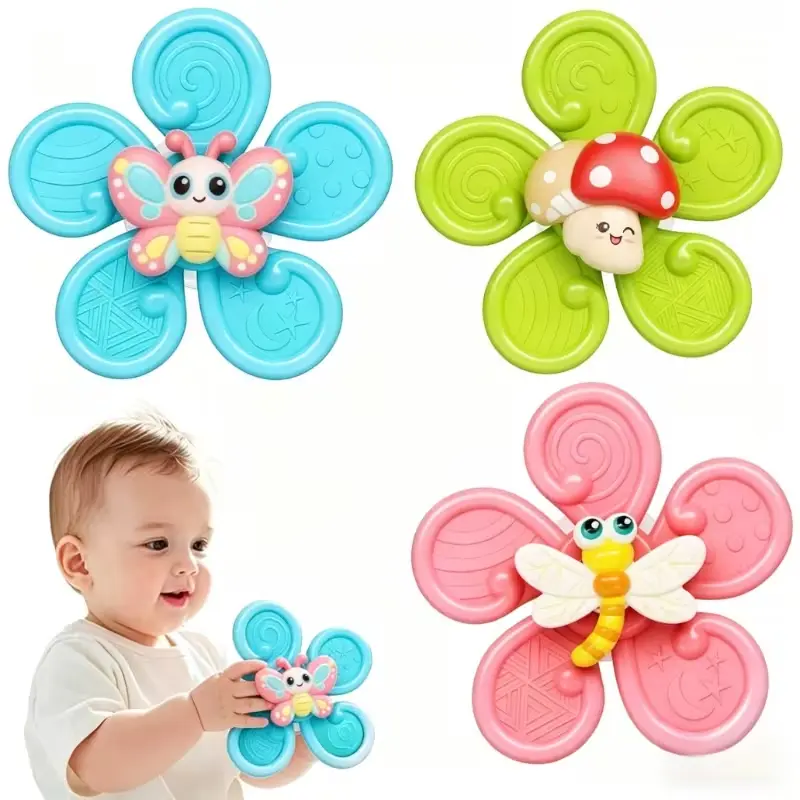 3pcs Cartoon Animal Suction Cup Spinning Tops - Rotating Fidget Toys for Infant Toddlers, Suitable for Tabletops, Glass, Tile Walls, Colorful Tactile Sensory Toy, Ideal Gift