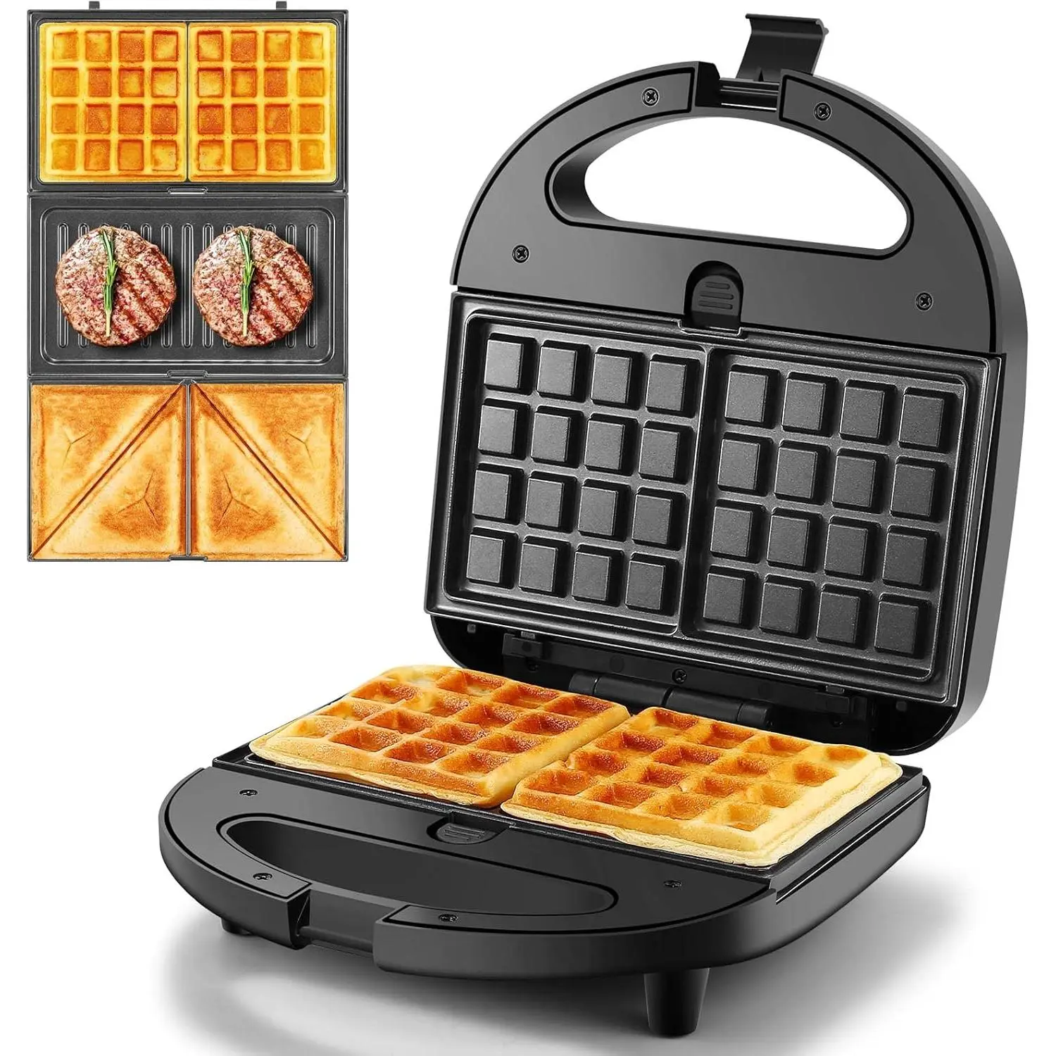 OSTBA 3-in-1 Electric Sandwich Maker, Panini Press & Waffle Iron (Wafer Maker Included) with 3 Removable Non-Stick Plates, 750W Indoor Kitchen Toaster for Sandwiches, Grilled Cheese, Steak (Black)