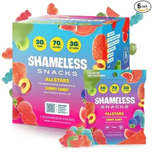 Shameless Snacks Allstars – Candy Variety Pack | Sour Gummy Candy | Healthy Vegan Snacks | Low Sugar Fruit Snack | 6-Pack, Gluten Free | Red Raspberry, Watermelon, Peach, Green Apple, Blue Raspberry