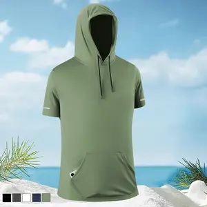 Men's Hooded Short Sleeve Shirt, Loose Fit Breathable Cotton Tee with Pockets, Casual Pullover Hoodie T-Shirt for Summer, Beach, Gym & Daily Streetwear
