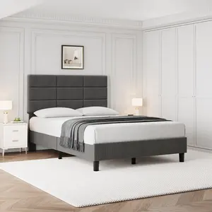 Modern Light Grey Linen Upholstered Full/Twin Platform Bed, Customizable Adjustable Height Headboard with Reinforced Solid Wood Slat Support, Sleek Minimalist Bedroom Design, Smooth Noise-Free Rest, Quick Effortless Assembly, Sturdy Daily Sleeping Frame,