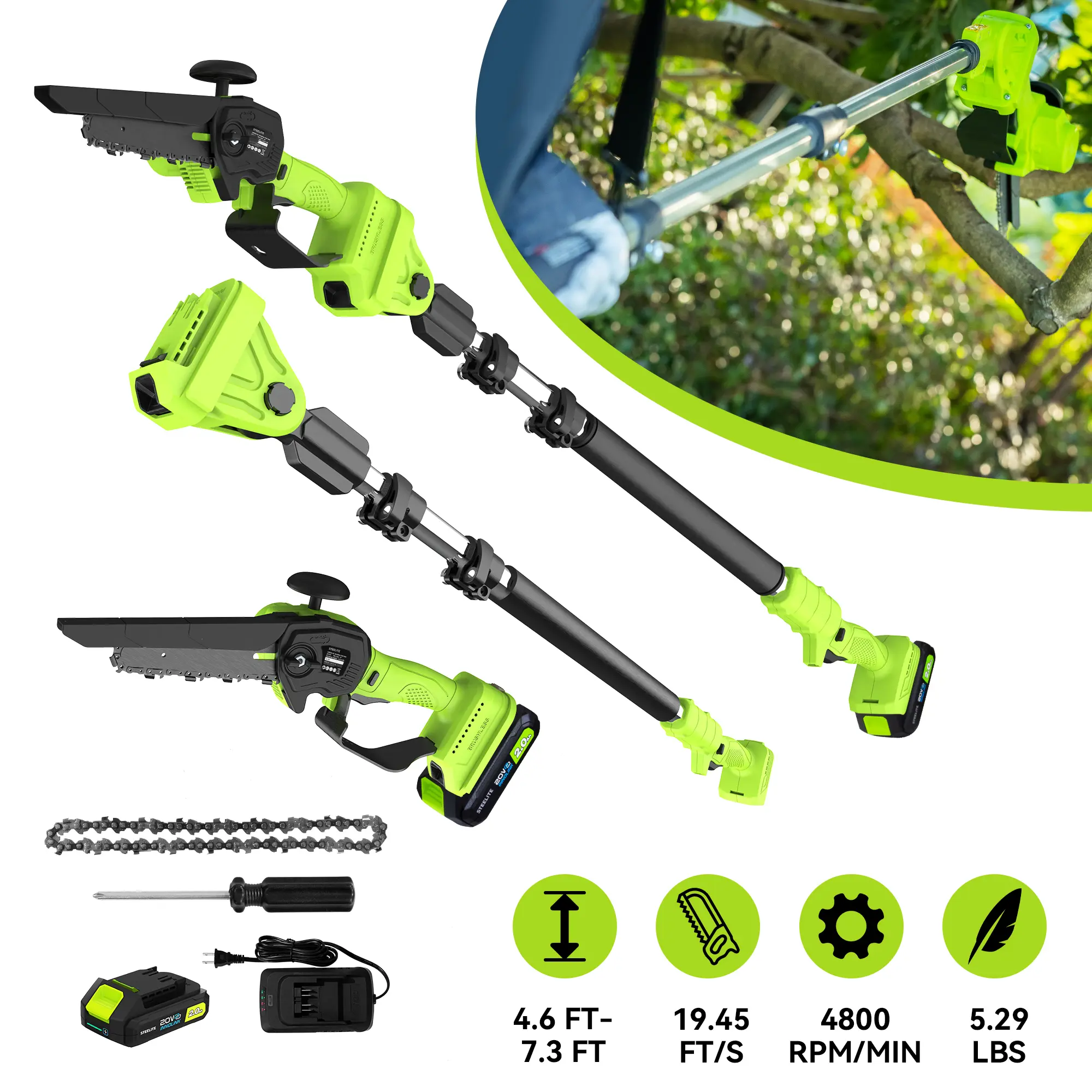 STEELITE 2-in-1 Electric Pole Saw & Mini Chainsaw, Lightweight Cordless 6 Inch Brushless 21V with Battery & Extension Pole for Tree Trimming, Great Gift for Men Dad Husband, Battery Powered Chainsaw, Fathers Day Gift Ideas