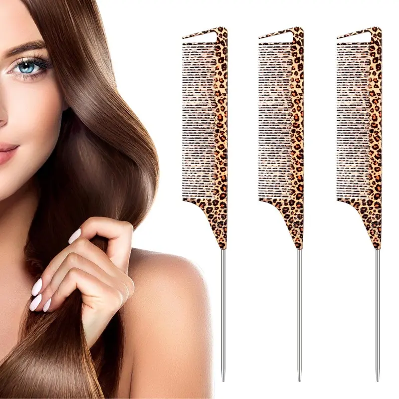 3 Packs Leopard Rat Tail Comb Steel Pin Rat Tail ABS Heat Resistant Teasing Combs with Stainless Steel Pin tai Hair Styling Tools Durable Hairdressing Comb