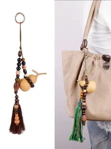 LUVTAG 1Pc Natural Dried Gourd Bag Charm, Handmade Boho Tassel Keychain, Feng Shui Luck Pendant for Car & Handbag, Vintage Style Decor, Perfect Holiday Gift for Women