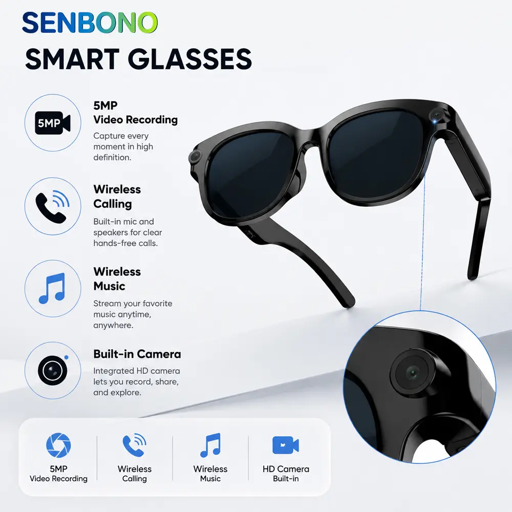 SENBONO Rectangular AI-Powered Smart Glasses - 8MP HD Wearable Camera, Bluetooth Wireless Calling, Voice Assistant, Real-Time Translation, Casual & Cycling Use