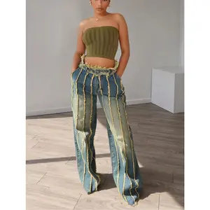 New European and American Women's Fashion Denim Patchwork Multi-layer Washed Dyed Stretch Denim All-season Long Pants