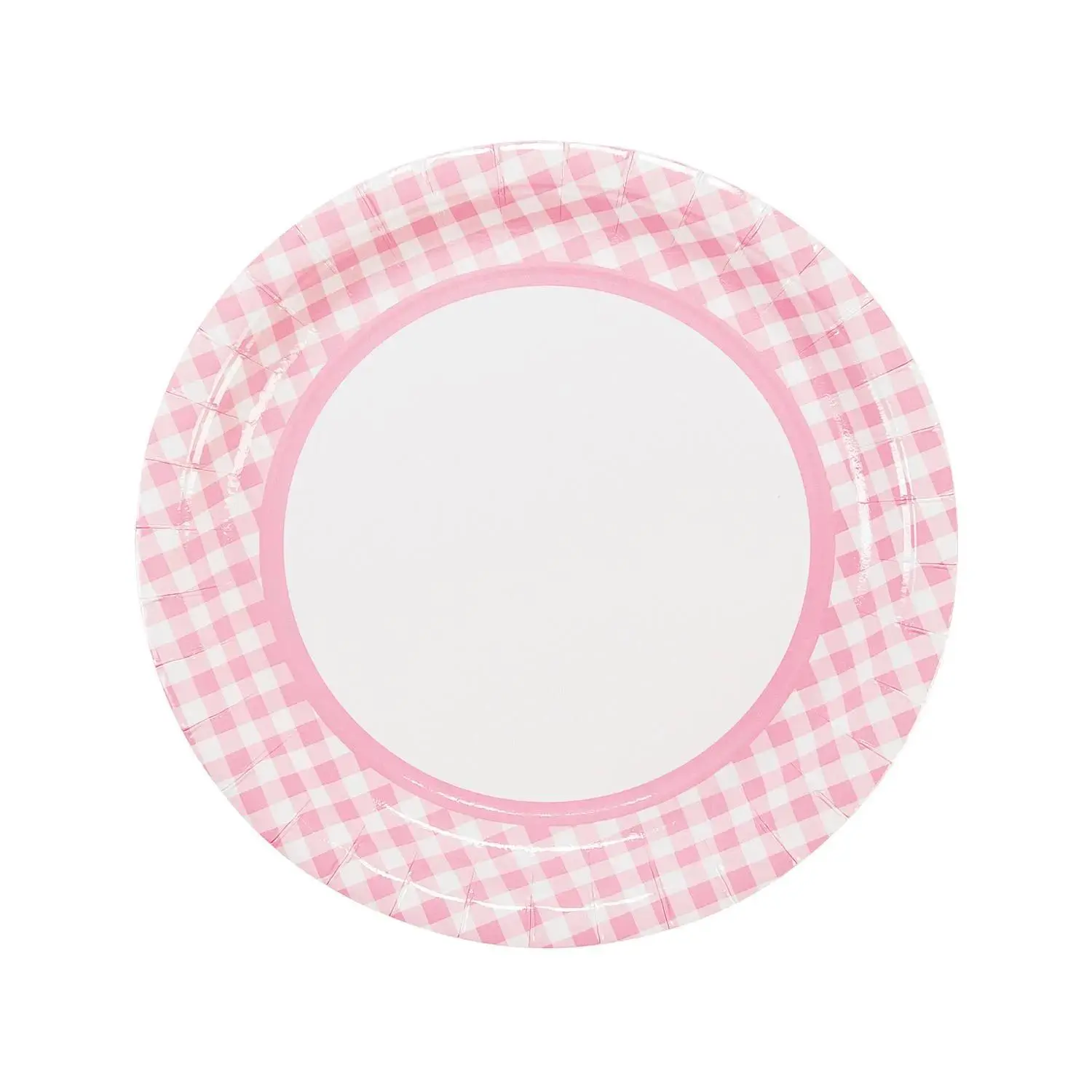 Disposable Light Pink Gingham Trim Checkered Paper Plates, 24-Ct, for Party Use
