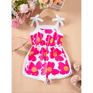 Toddler Girl's Floral Print Bow Tie Waist Romper, Cute Sleeveless Romper for Holiday Vacation, Toddler Outfit, Kids Clothes for Summer, Baby Girl Clothes