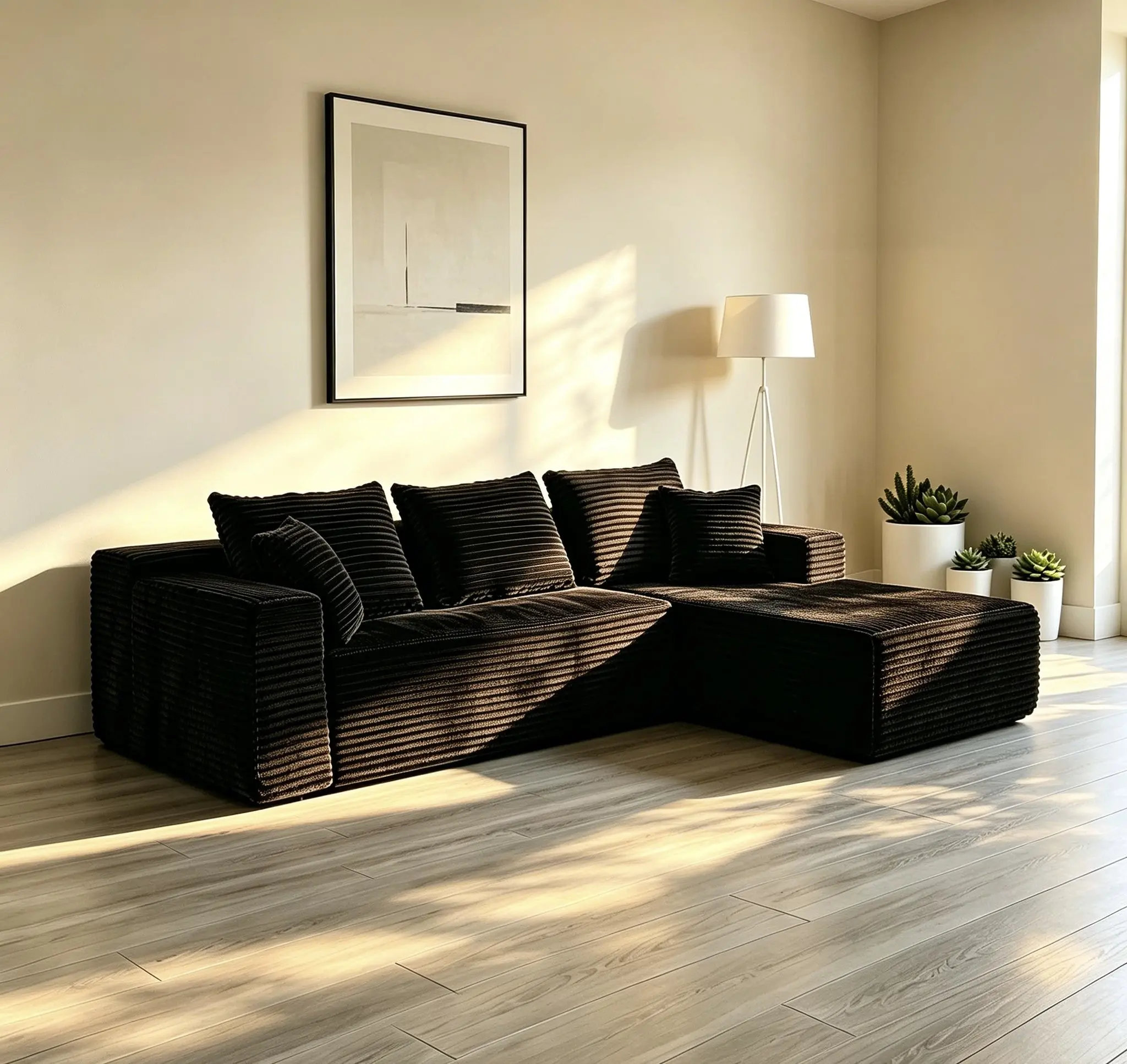 107-inch L-shaped vacuum compressed cloud sofa with corduroy fabric for a soft, comfortable feel; no assembly required; auto-rebound modular corner chaise upholstery sofa, suitable for living rooms, apartments, and bedrooms.