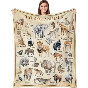 Animal Chart Throw Blanket, Educational Guide Types of Animals Flannel Blankets, Super Soft Warm for Couch Dorm Sofa Room, Gifts for Animal Lovers