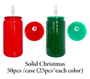 50pcs 16oz Christmas Green Red Mix Color Sublimation Glass Can for Sublimation and UV DTF Wraps