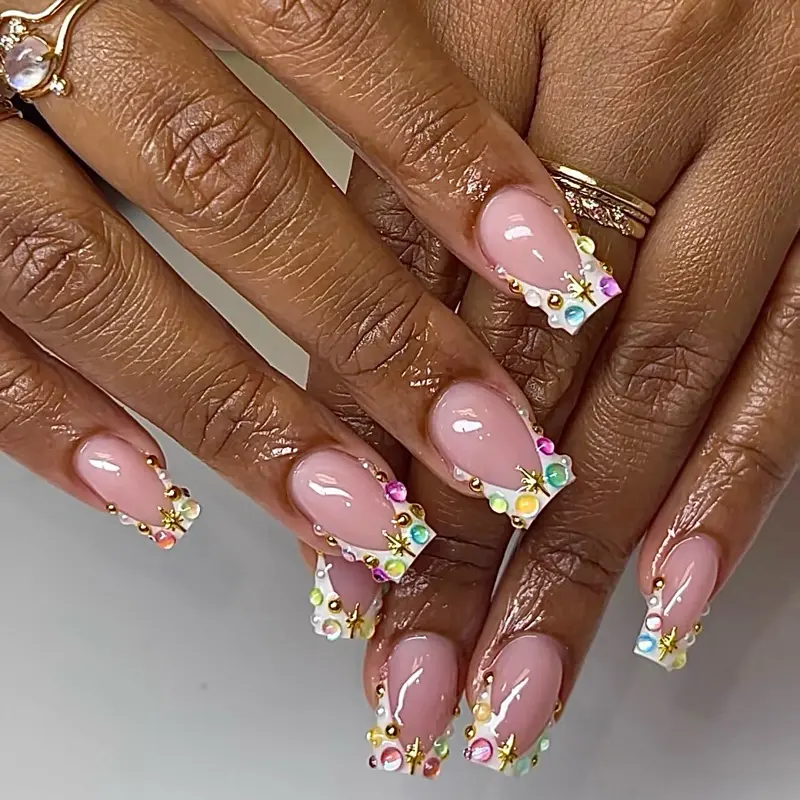 SHEDARES Gemstone Fantasy – Handmade Luxury Square White French Tip Press-On Nails with Colorful Rhinestones & Gold Star Accents – Perfect for Wedding and Dates