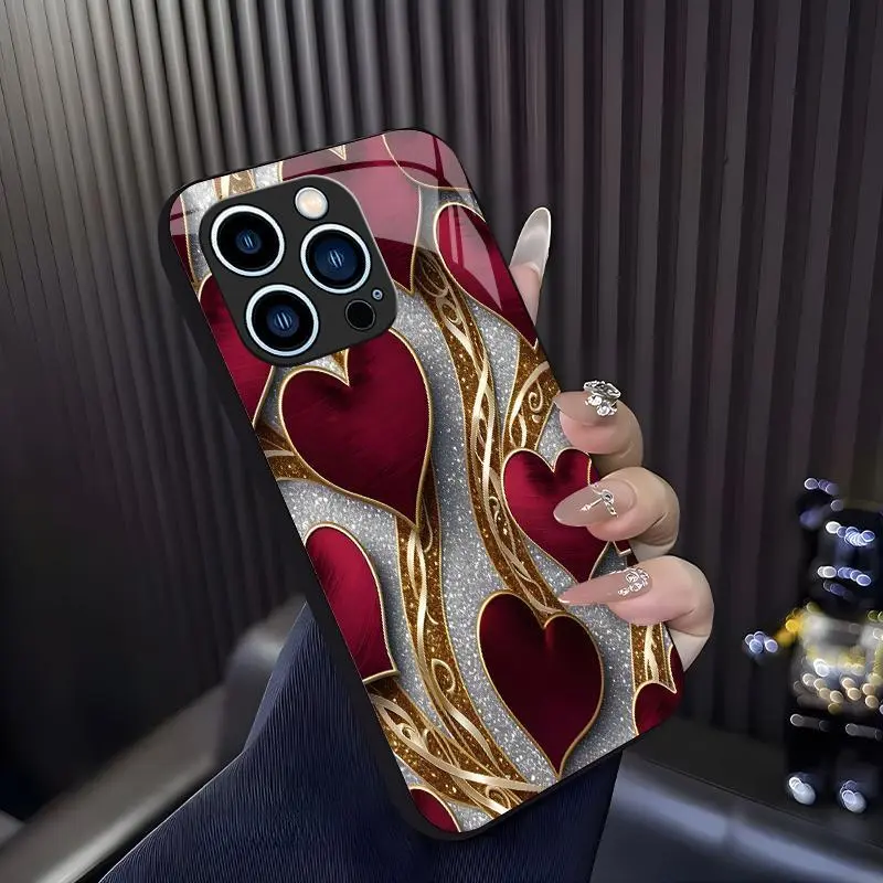 Luxurious romantic heart case for iPhone 13 Pro, elegant gold trim love pattern cover, best gift for her, anniversary, aesthetic phone accessory — 975