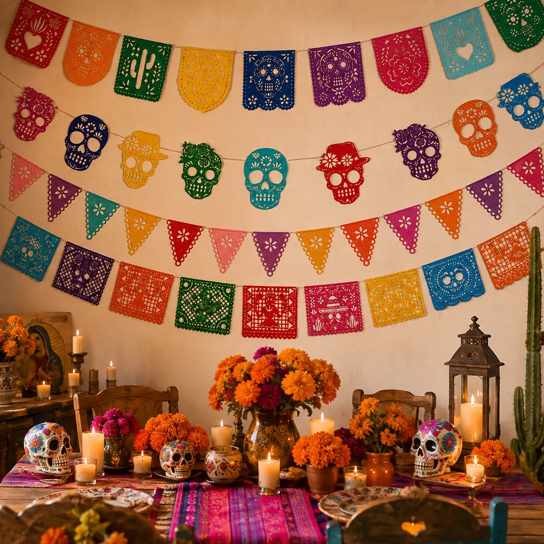Day of the Dead Party Banner, Papel Picado Hanging Bunting, Colorful Cutout Skull Banner for Day of the Dead, Halloween and All Celebrations