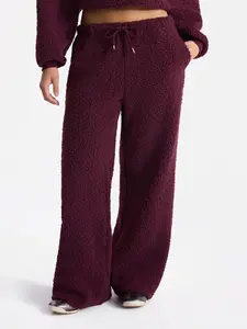 No Boundaries Women's Wide Leg Plush Pants 30.5'' Inseam Ultra-Soft Teddy Fleece Adjustable Drawstring Waistband Relaxed Fit with Side Pockets