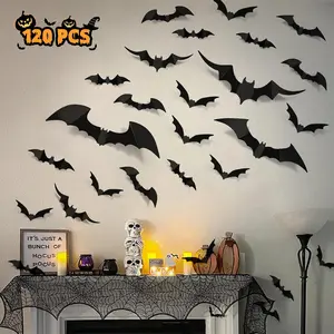 Halloween Bats Wall Decor, 120pcs PVC 3D Bat Decals, Decorative Scary Stickers for Indoor & Outdoor Parties, DIY Home Decoration