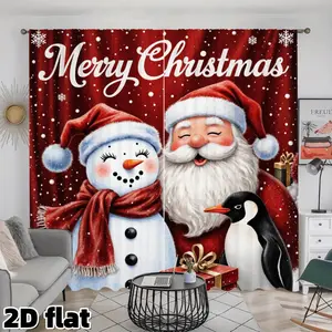 2D Flat 2Pcs Christmas Snowman Penguin Red Curtain Panel , Festive Holiday Theme, Semi Sunshade Rod Pocket Design, Perfect for Living Room Bedroom Kitchen Door Window Decoration, Christmas Gift Window Accessory , Best Holiday Choice, Privacy
