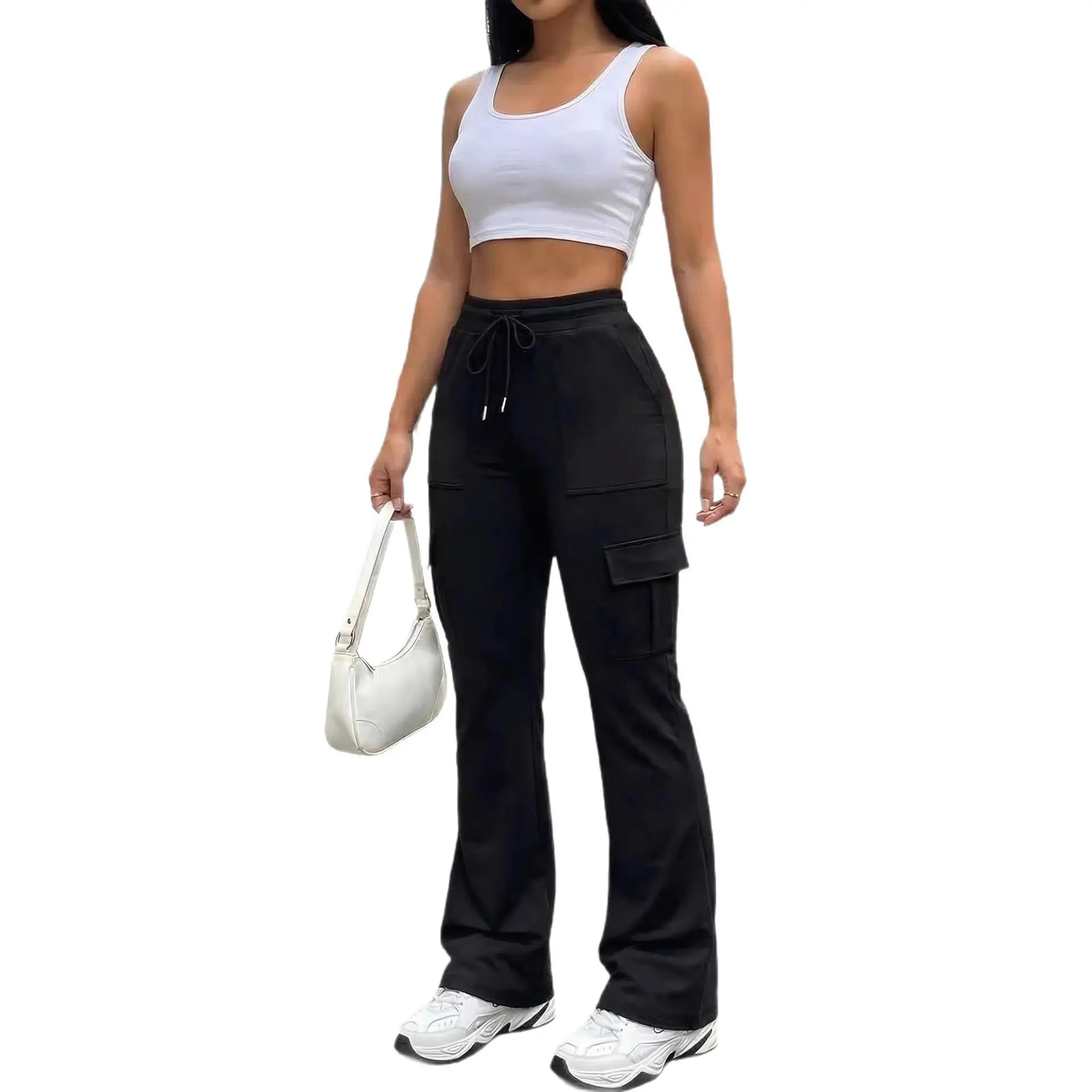 035# Women's High Waist Polyester Stretch Cargo Pants - Drawstring, Multi-Pockets, Wide Leg, Hip-Hugging Basic Workwear Bottoms for Business Casual, Everyday Soft Yoga Pants, Vibe Fit Flared, Adjustable, High-Rise Pants