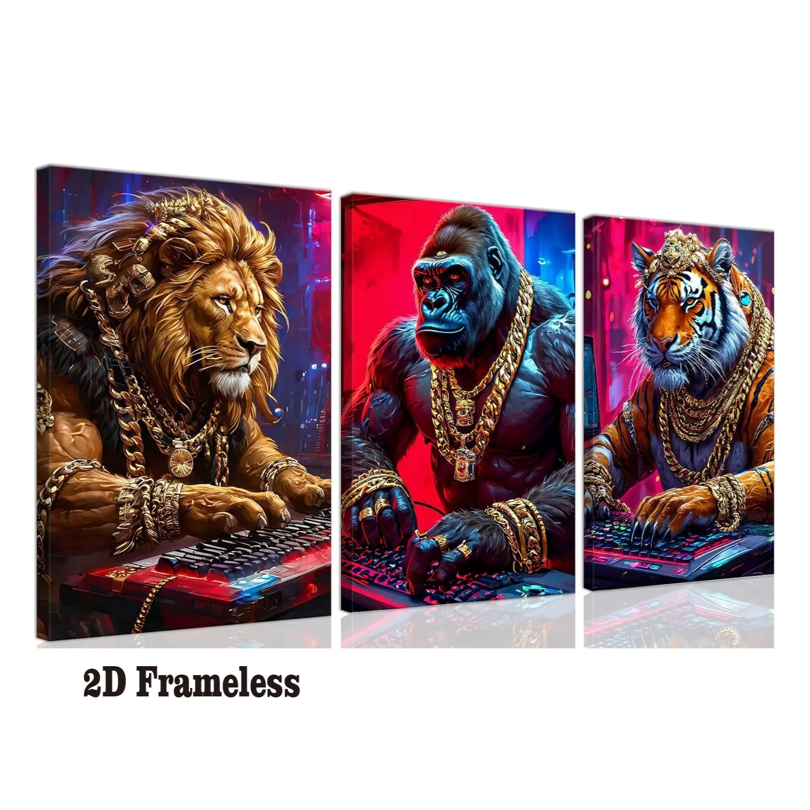 3-piece set of animal and tech-themed wall art posters—featuring vibrant tigers, lions, and gorillas, as well as game design posters in a cyberpunk neon video game style. Perfect for boys', teens', and men's bedrooms or game rooms. 2D flat, frameless.