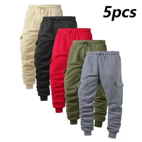Men’s solid-color basic casual jogging pants with a drawstring waist, slant pockets, and large side pockets at the knees—thick, warm sports pants for outdoor fitness and hiking; no back pockets.