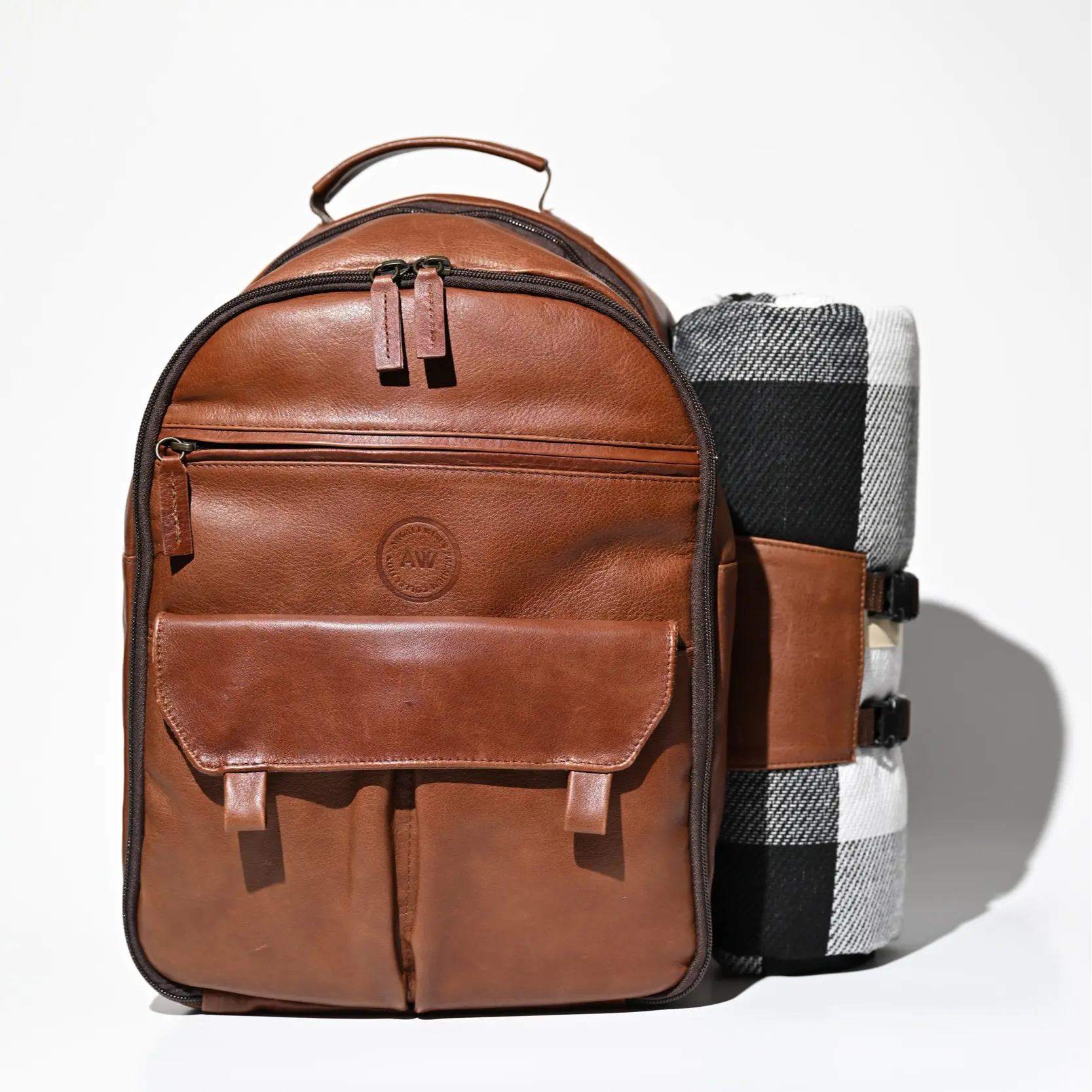 Premium Collection Genuine Leather Picnic Backpack for 4 with Insulated Compartment, Blanket, Stainless Steel Cutlery, Plates, Glasses, Luxury Gift for Men & Women, Outdoor Dining Brown