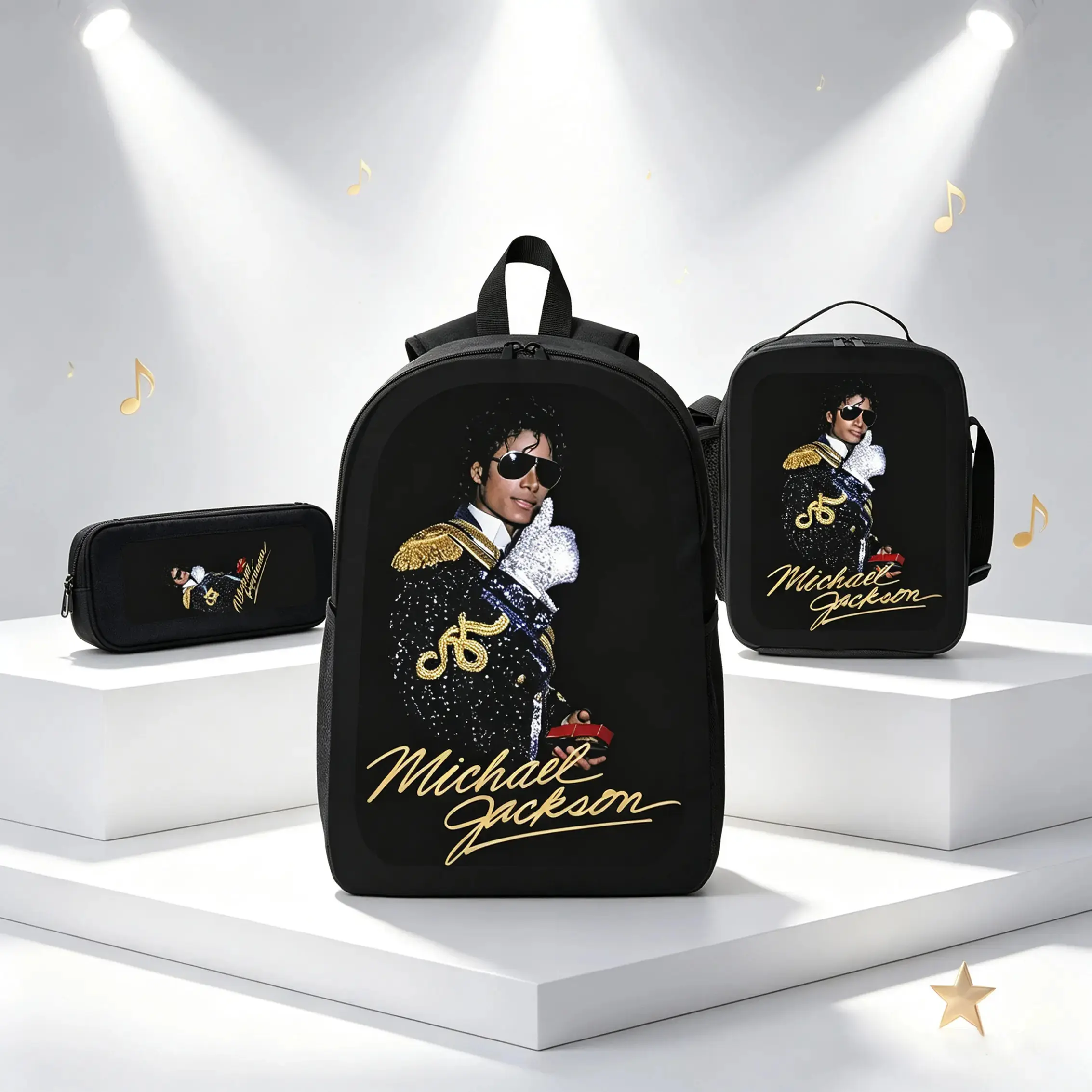 Michael Jackson Backpack Set Durable Polyester 3 Piece Bookbag Lunch Bag Pencil Case Lightweight Large Capacity Back To School Travel Daypack For Boys Girls Kids Teens Students Music Fans Viral Trendy Gift