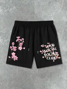 Men's Floral & Letter Print Shorts, Regular Fit Casual Fashion Graphic Shorts for Summer, Men's Bottoms for Daily Wear, Elastic Loose Shorts, Fashionable Summer Shorts, Casual Breathable Shorts, Casual Streetwear Shorts