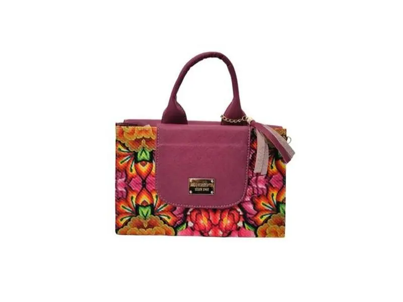 Bolsa Artesanal , Small Pink Purse - 100% Mexican Leather Hand Crafted Crossbody or Handheld Bag with Colorful Floral Design