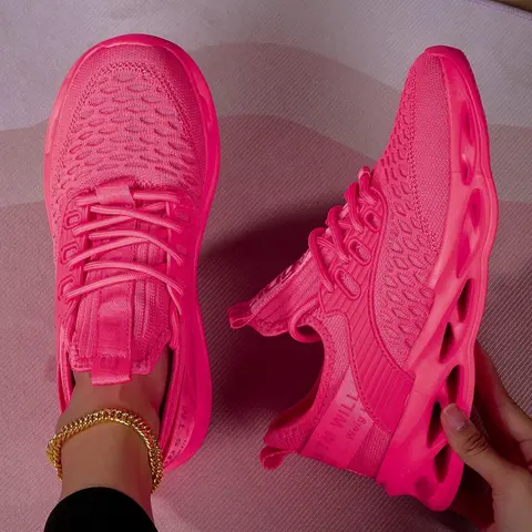 Women's Lace Up Knitted Running Shoes, Sporty Comfortable Breathable Sneakers, Female Round Toe Sports Shoes for Daily Wear, Running Style Shoes
