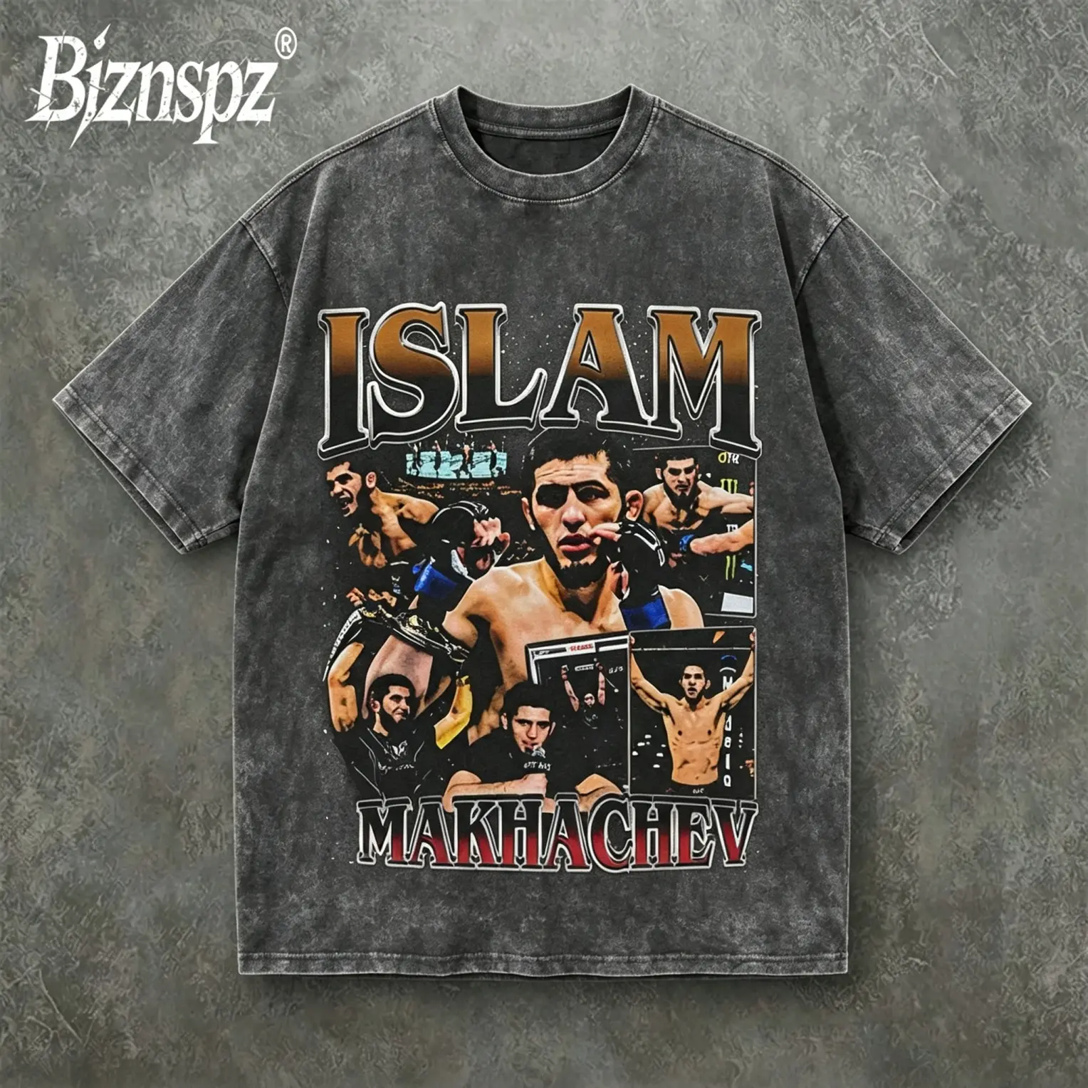 Menswear Vintage Islam Makhachev UFC Retro Graphic T-Shirt - MMA Legend Heavyweight Washed Oversized Cotton Shortleeve, Casual, Round Neck, Stylish Streetwear Tee